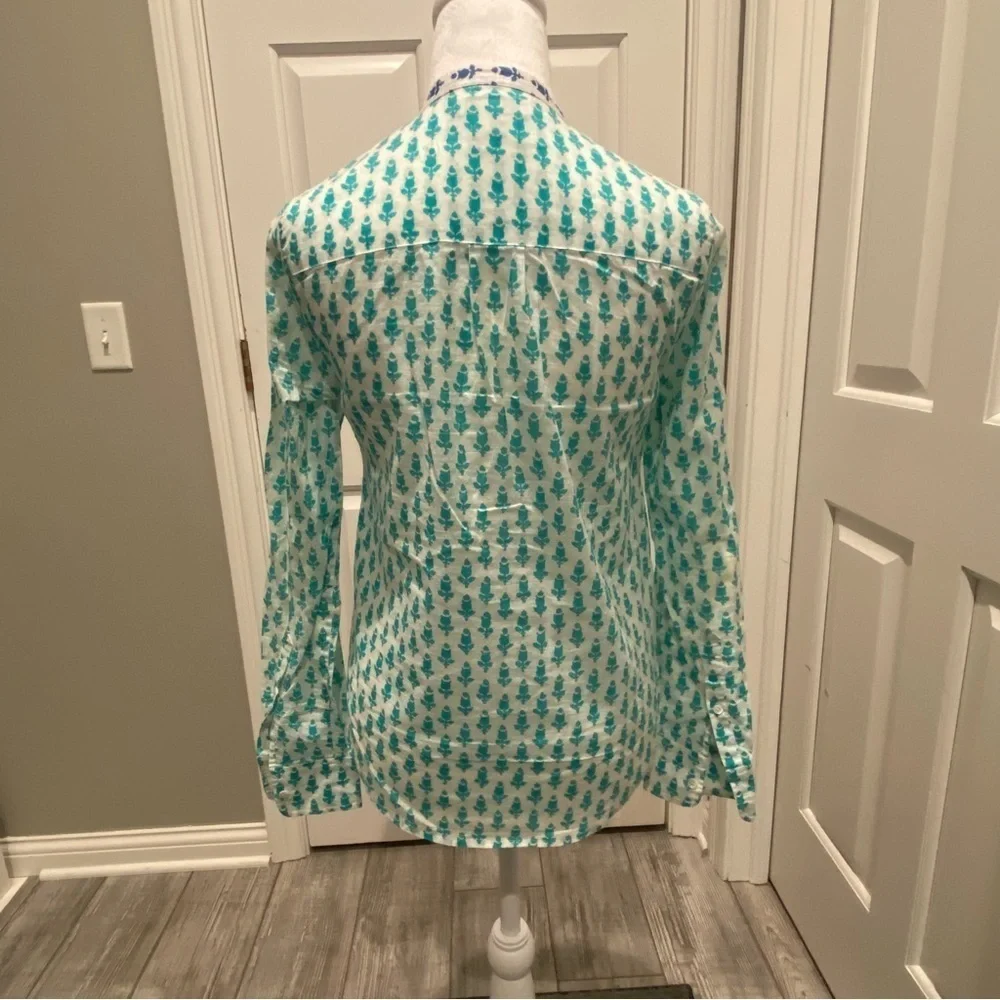 J. Crew White & Turquoise Thistle Print Popover Blouse 16279